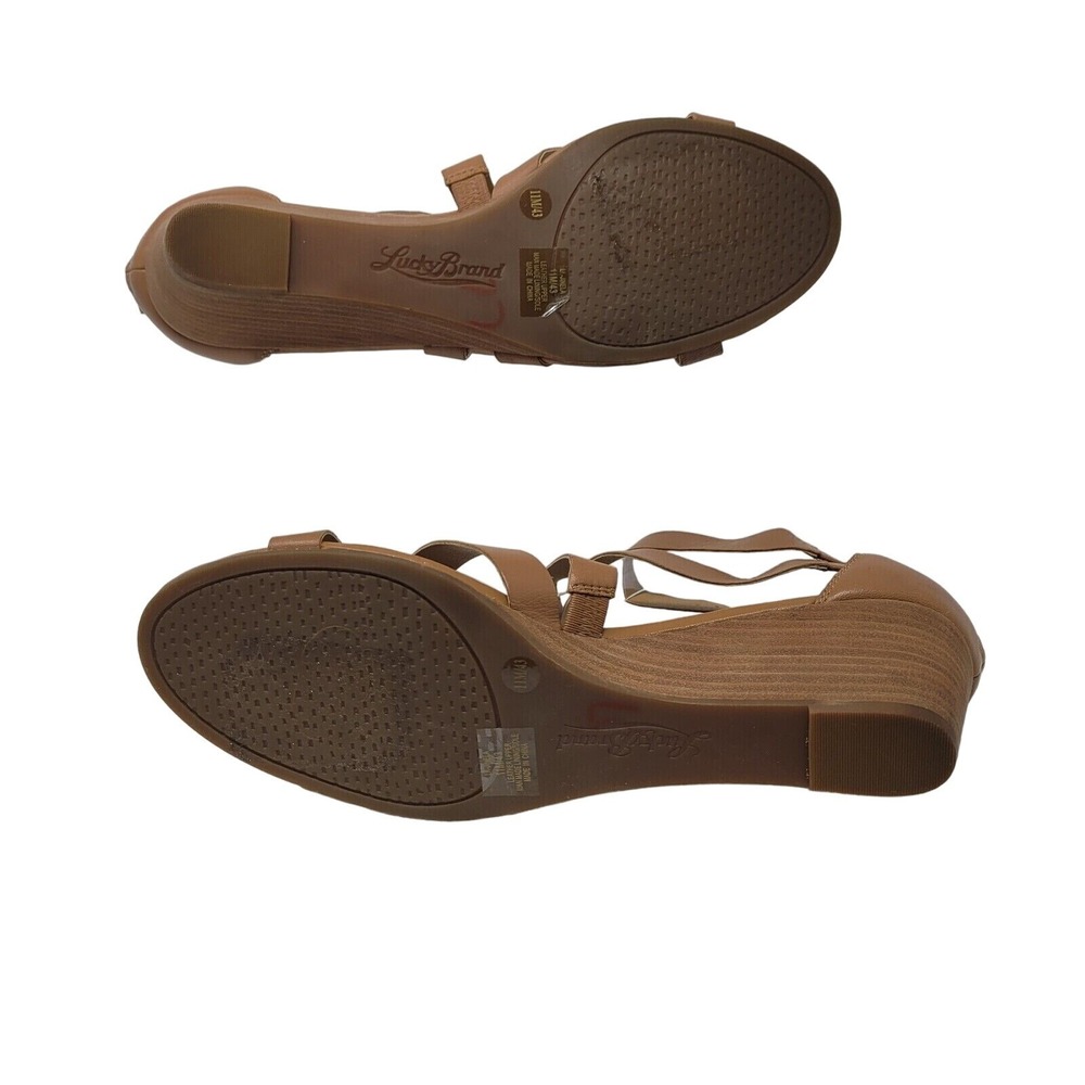 Lucky Brand Jinela Leather Strappy Wedge Sandals 11 Tan Wood Stacked Ankle Strap - Picture 9 of 11